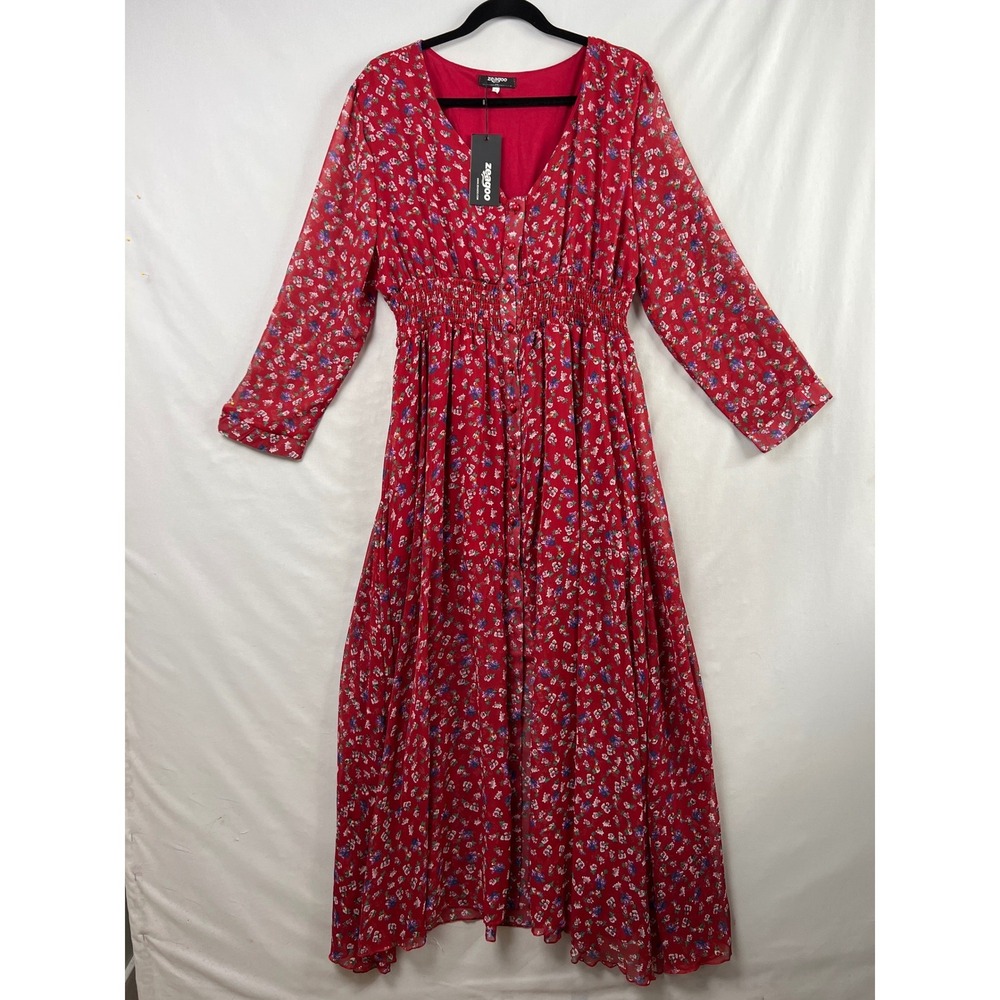 Zeagoo Floral Maxi Dress Women XXL Red Long Sleeve Smocked Waist V-Neck Boho
